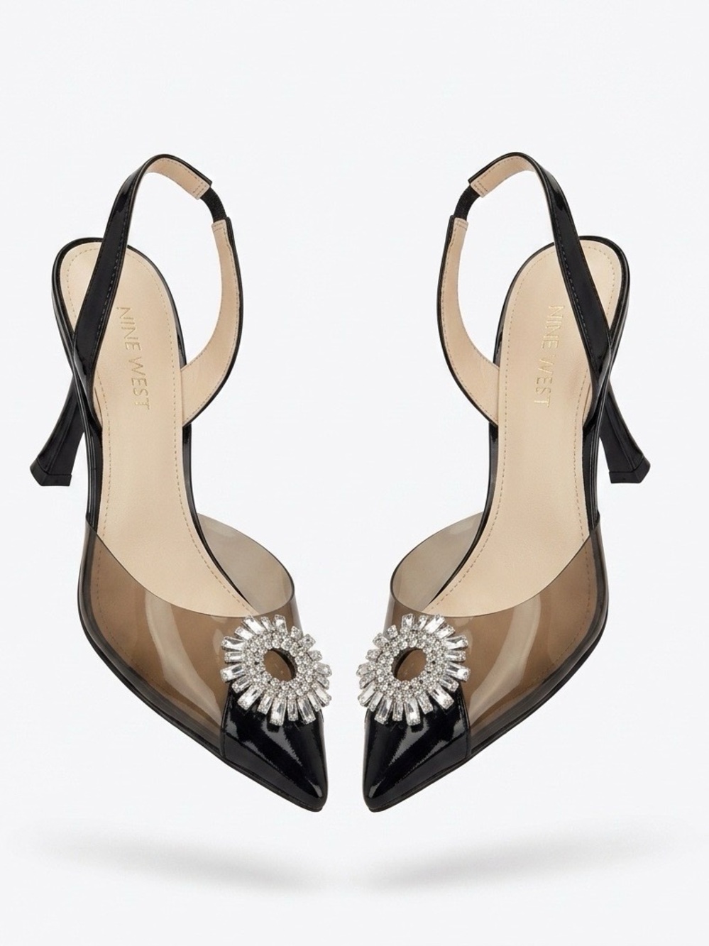 Nine West Black Pointed Toe Slingback Heels with Rhinestone Brooch - Size 9